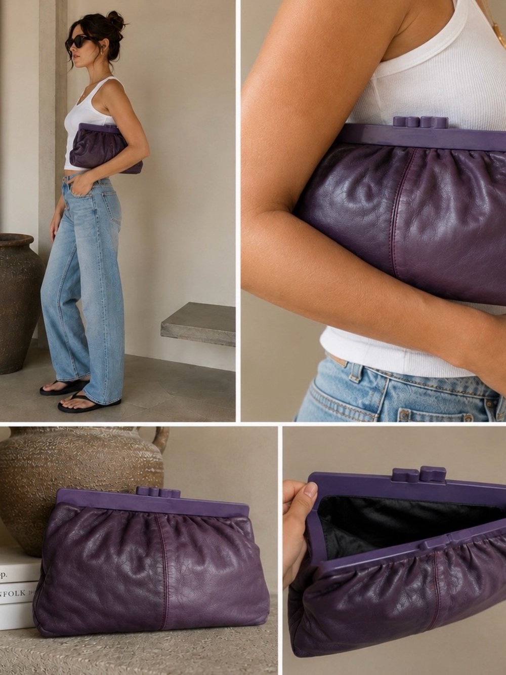 Vintage Joan Harper Italy Leather Purple Lucite Frame Clutch Bag